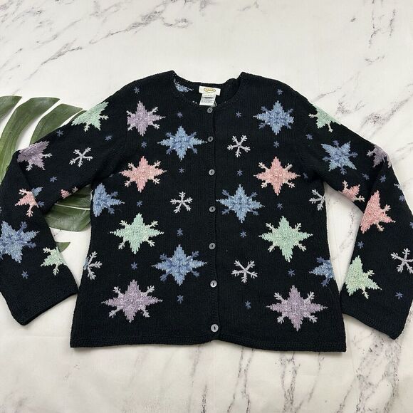 Talbots Sweaters - Talbots Womens Vintage 90s Snowflake Cardigan Sweater Size L Black Blue Holiday